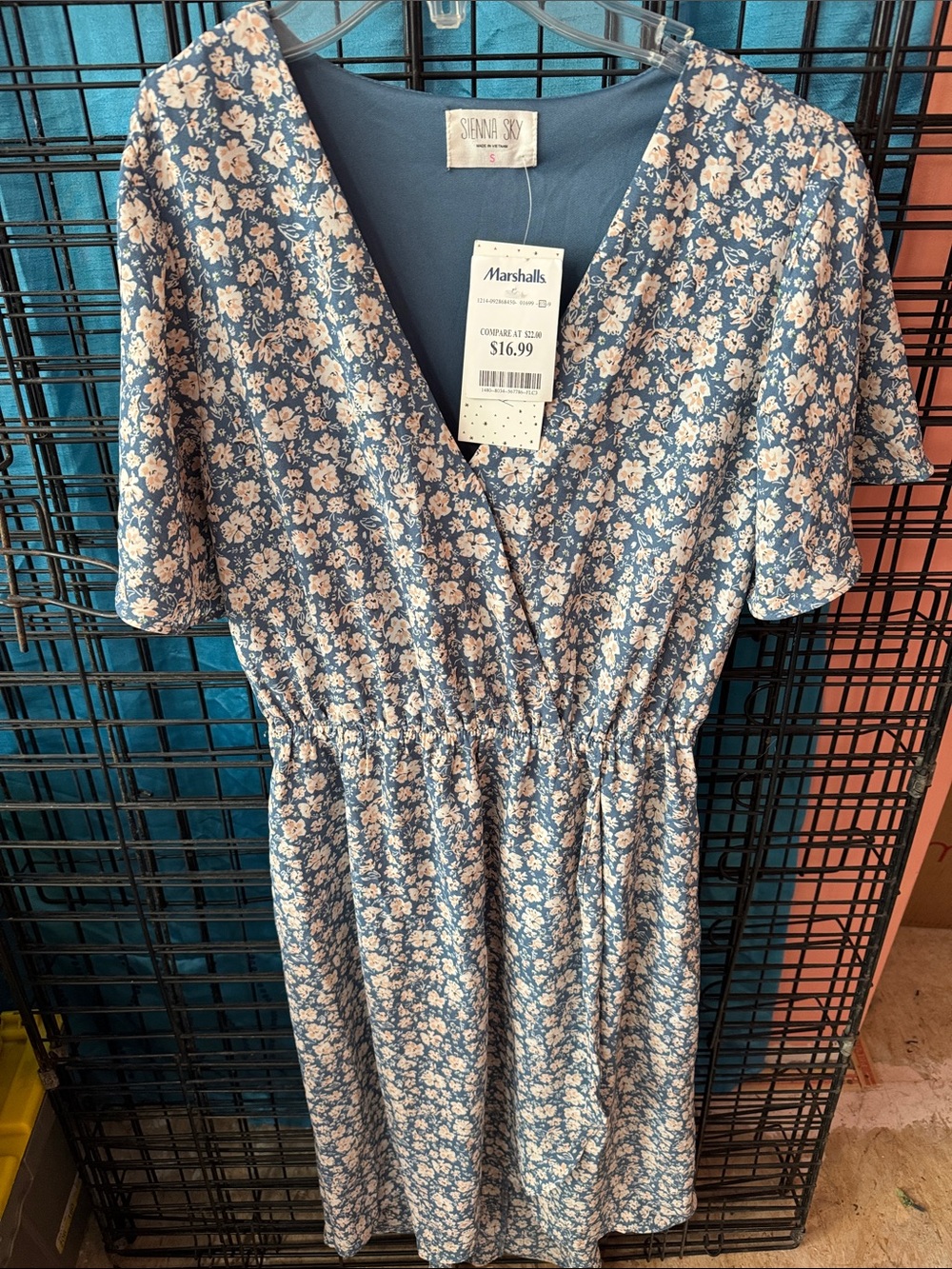 Sienna Sky Blue Floral Wrap Dress with Cream Blossoms.